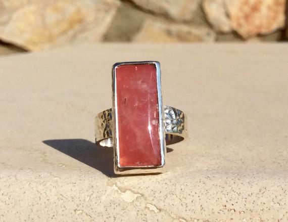 Hammered Silver Ring With Rhodochrosite, Oblong Stone Sterling Silver Ring, Mothers Day Jewellery Ideas