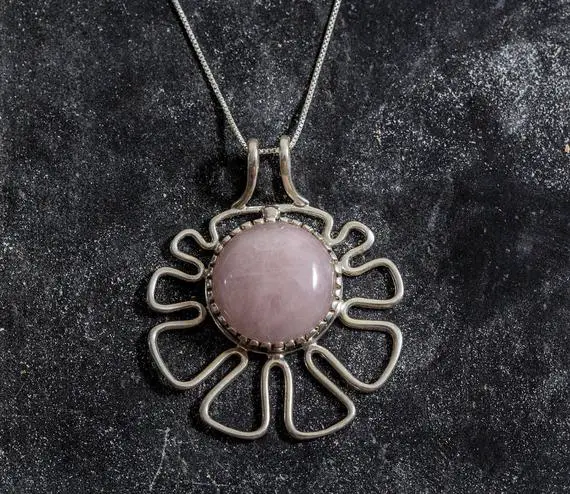 Rose Quartz Pendant, Pink Flower Pendant, Natural Rose Quartz, Statement Pendant, Pink Gemstone Necklace, Adina Stone, 925 Sterling Silver