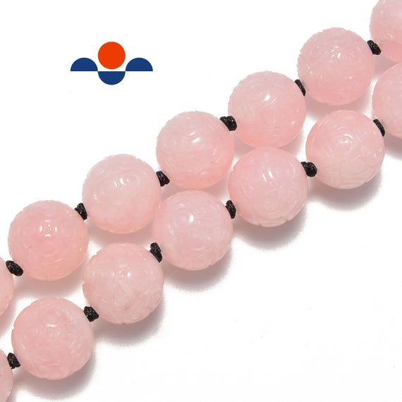 2.0mm Hole Natural Rose Quartz Carved Round Beads Size 18mm 8'' Strand