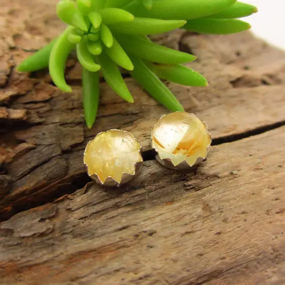 Rutilated Quartz Cabochon Studs | 14k Gold Stud Earrings Or Sterling Silver Studs | 4mm, 6mm Low Profile Serrated Or Crown Earrings