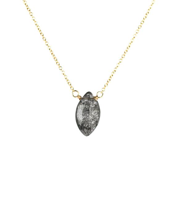 Tourmalated Quartz Necklace, Black Rutilated Crystal, A Faceted Marquis Black Tourmaline Quartz Wire Wrapped Onto A 14k Gold Filled Chain