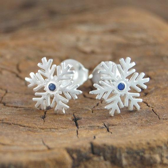 Christmas Jewelry-snowflake Earrings-blue Sapphire Earrings-winter Earrings-sterling Silver Earrings-gemstone Earrings-blue Stone Studs-925