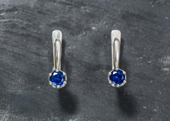 Sapphire Earrings, Created Sapphire, Blue Earrings, Solitaire Earrings, Valentines Gift, Royal Blue Earrings, Vintage Earrings, Sapphire