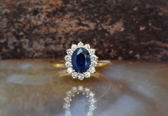 Sapphire Engagement Ring Vintage Oval Shaped Ring-sapphire Halo Ring-anniversary Ring-blue Sapphire Engagement Ring-14k Sapphire Ring