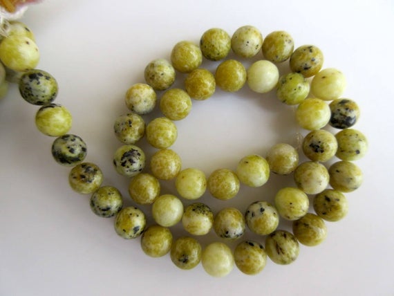 Yellow Serpentine Large Hole Gemstone Beads, 8mm Yellow Serpentine Smooth Round Beads, Drill Size 1mm, 15 Inch Strand, Gds577