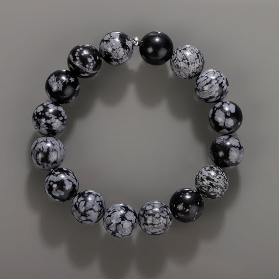 Natural Snowflake Obsidian Gemstone Beaded Stretch Bracelet - Cabochon Snowflake Obsidian Bracelet Round Snowflake Obsidian Stone Bead "