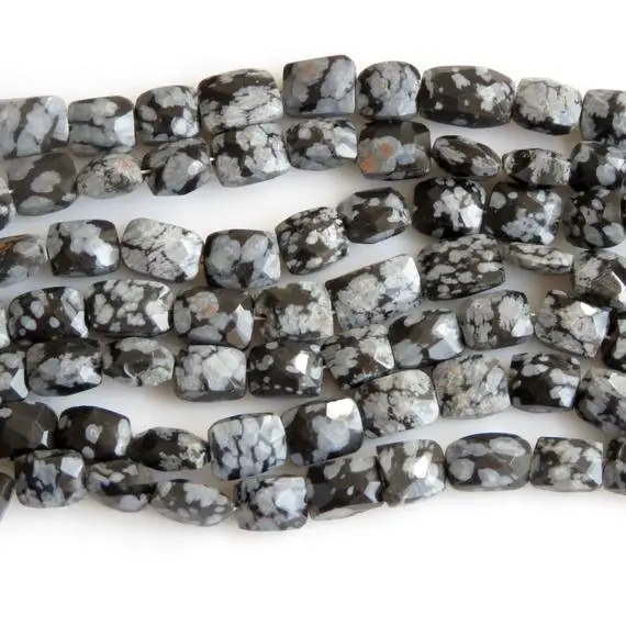Snowflake Obsidian Faceted Beads, Faceted Obsidian Rectangle Shape Gemstone Beads, 7mm To 8mm Snowflake Obsidian, 8 Inch Strand, Gds1345