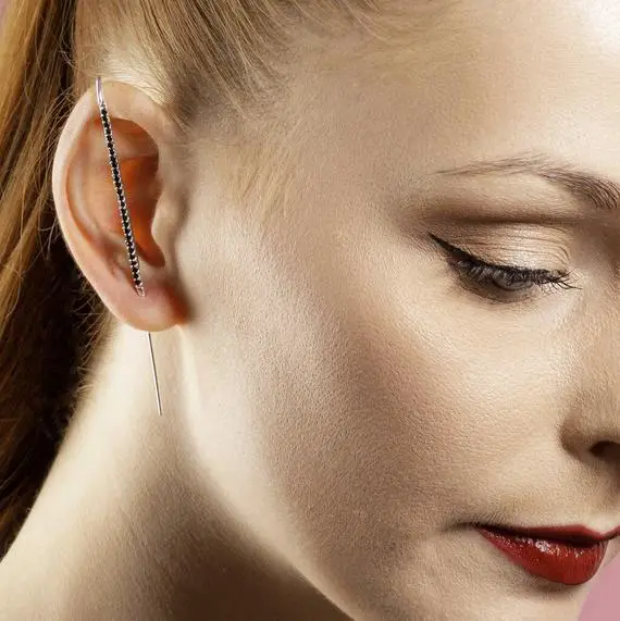 Black Spinel Ear Pin Silver Gemstone Earrings Edgy Ear Cuff Delicate Earring Statement Earrings Silver Ear Climber Designed Earrings Gift