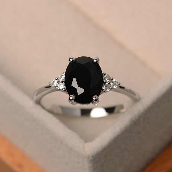 Black Spinel Ring, Oval Cut, Black Stone Rings, Promise Ring Silver,engraved Ring