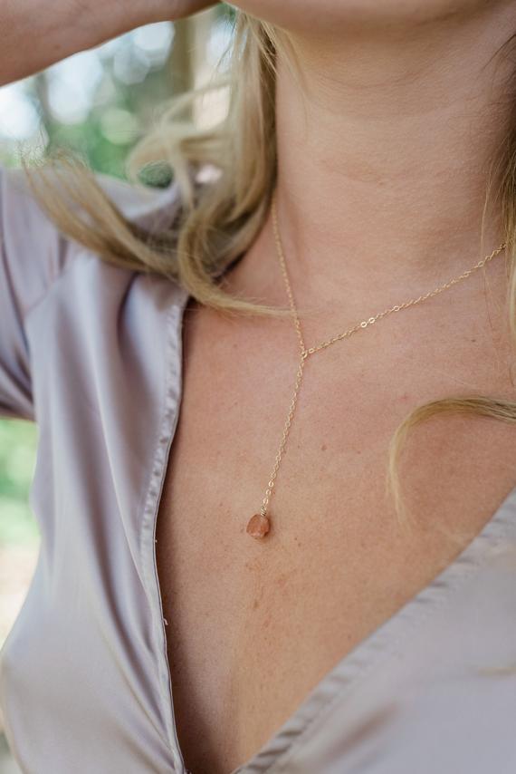 Rough Orange Sunstone Crystal Lariat Necklace In Gold, Silver, Bronze Or Rose Gold. Adjustable 16" Long With 2-inch Long Extender
