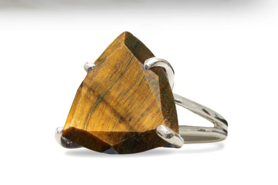 Tiger Eye Ring · Sterling Silver Gem Ring · Gifts For Mom · Gift For Grandma · Trillion Cut Ring · Tiger Eye Jewelry