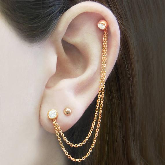 Rose Gold Gemstone Earrings,double Chain Earrings,white Topaz Stud Earrings,rose Gold Cartilage Earring,double Stud Earrings,gift For Her