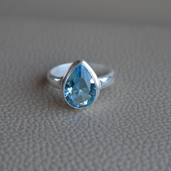 Natural Blue Topaz Ring, Handmade Ring, 925 Sterling Silver Ring, Teardrop Topaz Ring, Gift For Mother, December Birthstone, Promise Ring