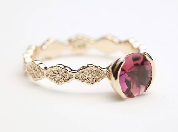 Pink Tourmaline Engagement Ring, Unique Engagement Ring, Rose Gold Engagement Ring, Solitaire Engagement Ring, Tourmaline Engagement Ring