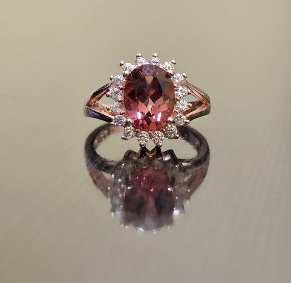 14k Rose Gold Diamond Halo Pink Tourmaline Engagement Ring - Art Deco Rose Gold Tourmaline Halo Diamond Wedding Ring - Pink Tourmaline Ring