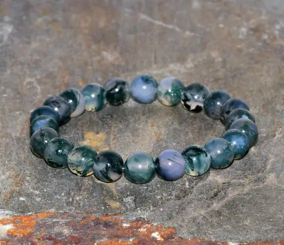 8mm Natural Moss Agate Stacking Bracelet, Aa Grade Beads, Yoga Gifts, Opening The Heart Chakra-abundance & Prosperity-connection With Nature