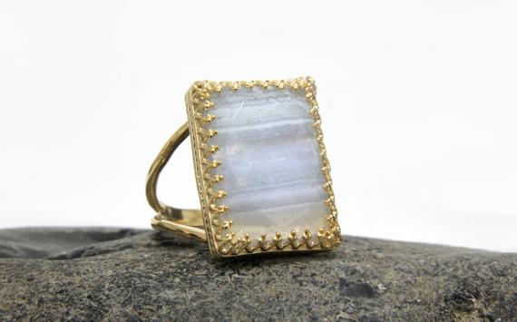 Gold Agate Ring · Lace Agate Stack Ring · Double Band Ring · Gold Rings · 14k Solid Gold Ring · Rectangle Ring · Gemstone Ring