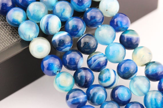 2.0mm Hole Blue Stripe Agate Smooth Round Beads 8mm 10mm 15.5" Strand