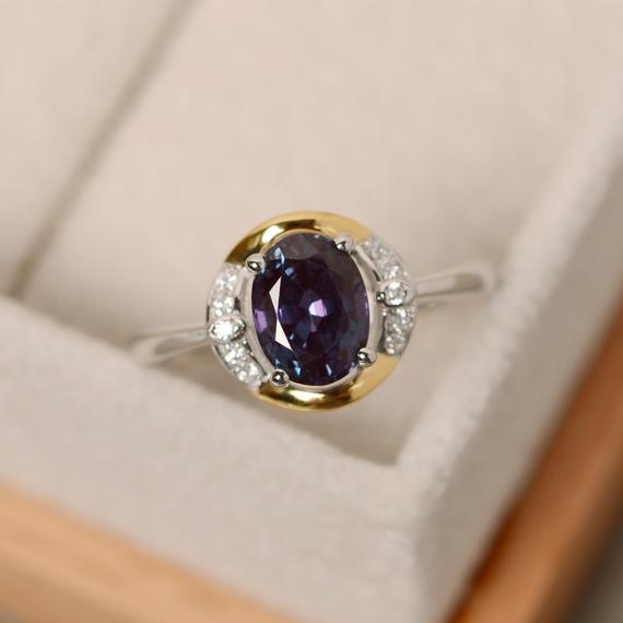 Alexandrite Ring Gold, Yellow Gold, Sterling Sivler, Promise Ring, Oval Cut