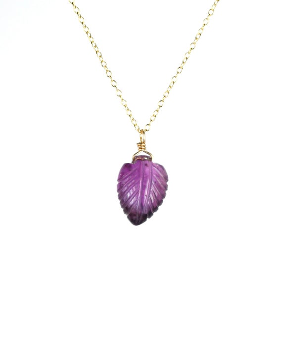Leaf Necklace, Carved Amethyst Necklace, Purple Leaf Pendant, February Birthstone, An Amethyst Leaf On A Dainty 14k Gold Filled Chain