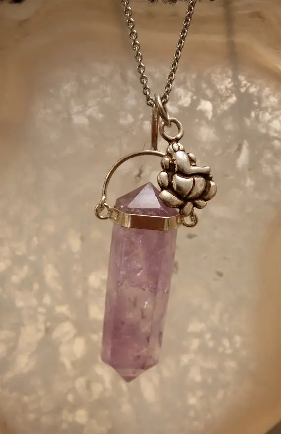 Amethyst Crystal Pendant, Ganesh Talisman, Ganesh Charm Necklace, Talisman Necklace, Energy Stone, Purple Necklace, Hindu Deity, Crystals