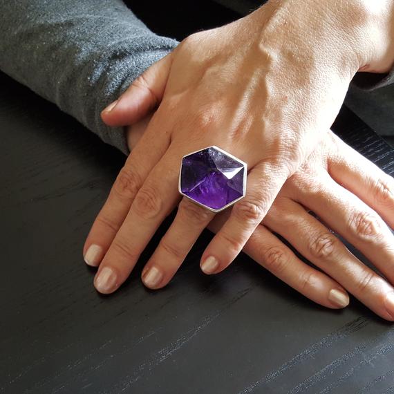 Statement Ring Amethyst With Silver Unique Gift For Her One Of A Kind Big Natural Purple Gemstone February Birthstone 6 Year Anniversary