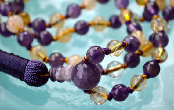 Ametrine, Amethyst, Citrine,rarest Hand Knotted Mala Beads Necklace 108, Prayer Beads,yoga Beads, Ametrine Mala Necklace, Yoga Jewelry