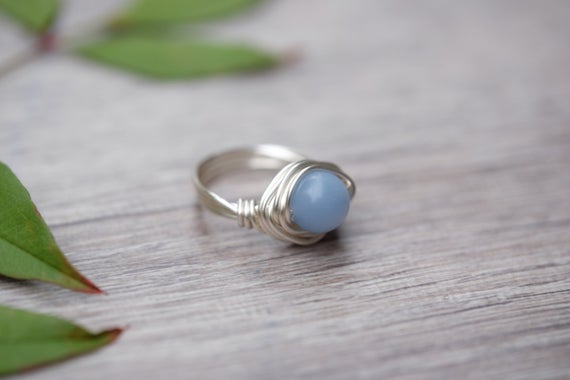 Angelite Round Gemstone Wire-wrapped Silver Ring 8mm Bead Aquarius Jewelry Sku #m10010