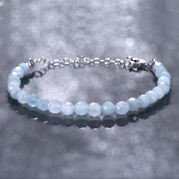 Natural Aquamarine Bracelet, Beaded Gemstone Bracelet, Aquamarine Beads Bracelet, Birthday Gift For Her, Boho Stack Bracelet,sterling Silver