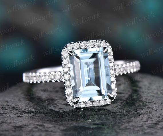 Aquamarine Ring Vintage Unique Emerald Cut Aquamarine Engagement Ring White Gold Halo Half Eternity Diamond Ring For Women Promise Ring Gift