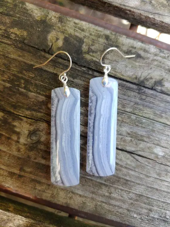 Long Rectangle Blue Lace Agate Earrings.  Silver Blue Lace Agate Earrings. Gold Blue Lace Agate. Rose Gold Blue Lace Agate
