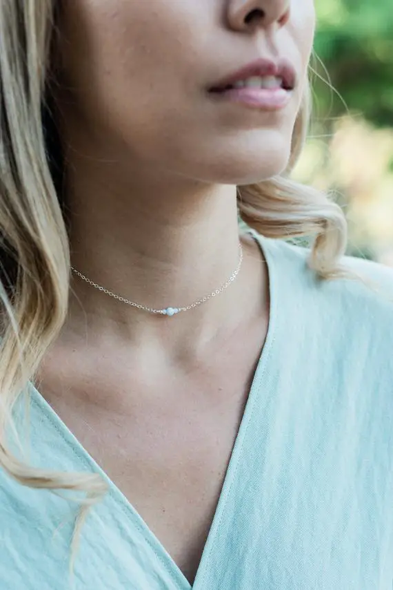 Dainty Blue Lace Agate Gemstone Thin Choker Necklace In Bronze, Silver, Gold Or Rose Gold. Adjustable Length. Handmade To Order