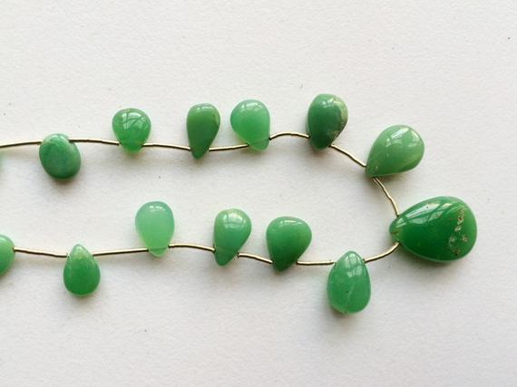 6x8mm - 9x14mm Chrysoprase Plain Pear Beads, 7 Inch Chrysoprase Strand For Jewelry, 13 Pieces Chrysophase Pear Briolettes