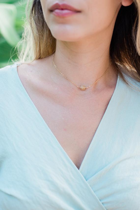 Tiny Raw Yellow Citrine Crystal Nugget Choker Necklace In Gold, Silver, Bronze Or Rose Gold. Adjustable Length. Handmade To Order.