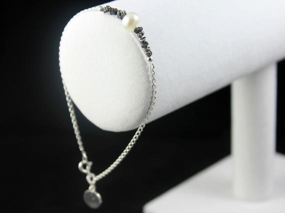 Black Rough Diamond  Bracelet - Pearl And Diamond Bracelet - Sterling Silver Initial Bracelet - Personalized Raw Diamond Jewelry