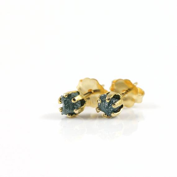 4mm Blue Raw Rough Diamond Gold Earrings - 14k Gold Filled Ear Studs - Rare Blue Uncut Diamonds, Conflict Free