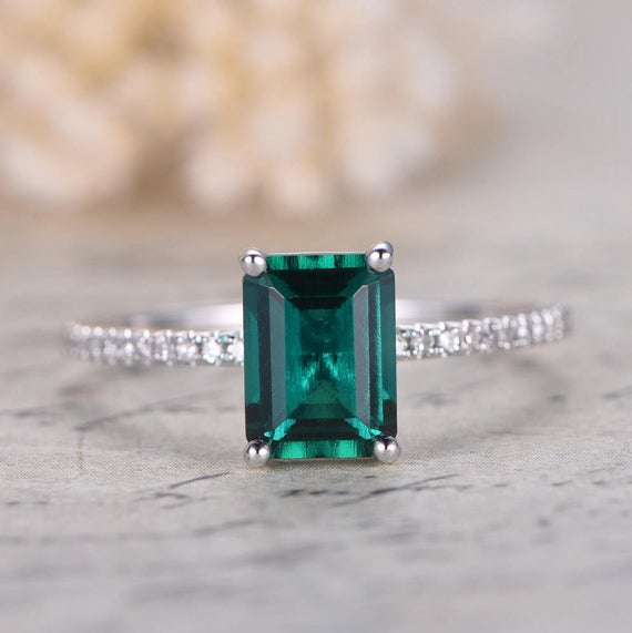 14k White Gold 6x8mm Emerald Engagement Ring,may Birthstone Emerald Ring,deco Bridal Ring,half Eternity Diamond Band,unique Promise Ring