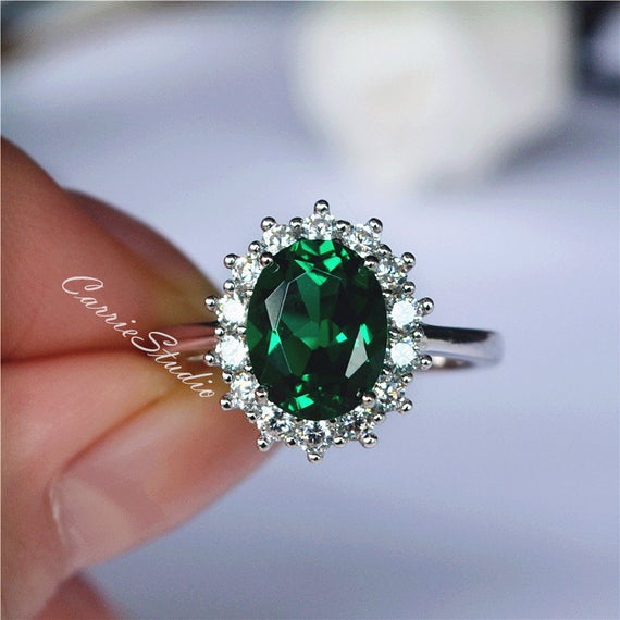 Halo Emerald Engagement Ring/7*9 Mm Oval Emerald Promise Ring/may Birthstone Emerald Anniversary Ring