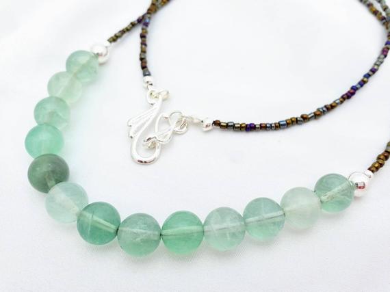 Simple Seaglass Green Fluorite Necklace, Minimalist Jewelry. Large Gemstones In Green, Blue, Teal, Aqua. Long Length, Geat For Layering.