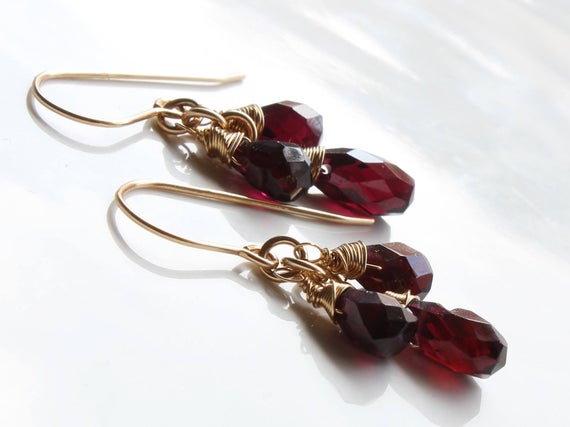 Garnet Gold Filled Earrings Natural Red Gemstone Cluster Dangle Drops January Birthstone Mother's Day Gift For Sister Grandmother Aunt 3239