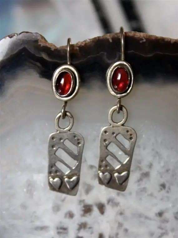 Garnet Earrings, Heart Earrings, Silver Earrings, Silver Heart,  Silver Heart Earrings, Silver Dangle Earrings, Boho Earrings, Boho Jewelry