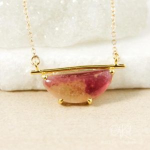 Shop Pink Tourmaline Jewelry! Gold Yellow & Pink Tourmaline Necklace, Bar Necklace, Horizontal Pendant | Natural genuine Pink Tourmaline jewelry. Buy crystal jewelry, handmade handcrafted artisan jewelry for women.  Unique handmade gift ideas. #jewelry #beadedjewelry #beadedjewelry #gift #shopping #handmadejewelry #fashion #style #product #jewelry #affiliate #ad