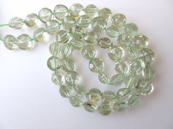 Green Amethyst Concave Cut Beads, Concave Cut Round Green Amethyst Beads, 9mm Each, 18 Inch Strand, Gds635
