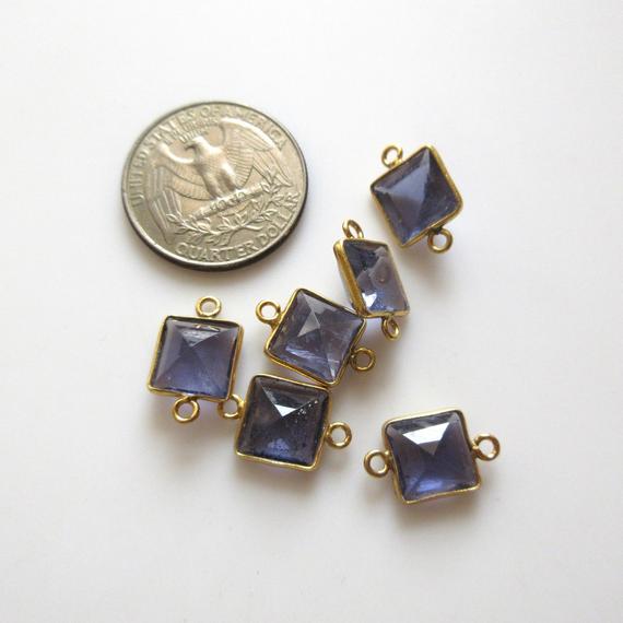 6 Pieces 10mm Natural Iolite Faceted Princess 925 Silver Bezel Gemstone Connector Charm, Single/double Loop Natural Iolite Charm, Gds1667