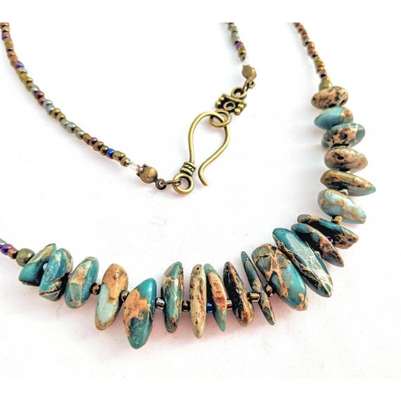 Earthy Aqua Terra Jasper Necklace. Minimalist Turquoise Blue & Brown Gemstone Jewelry. Sea Sediment/snakeskin Jasper, Impression Stone