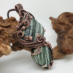 Green Zebra Jasper Pendant – Wire Wrapped Jewellery – Green Stone Necklace – Copper Anniversary – Prong Set Pendant – Stripy Green | Natural genuine Jasper pendants. Buy crystal jewelry, handmade handcrafted artisan jewelry for women.  Unique handmade gift ideas. #jewelry #beadedpendants #beadedjewelry #gift #shopping #handmadejewelry #fashion #style #product #pendants #affiliate #ad