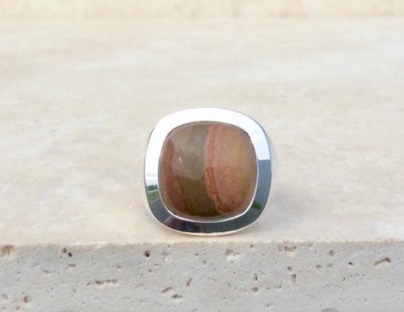 Mens Gemstone Silver Ring, Large Brown Jasper Ring, Gift For Dad, Husband Gift Idea