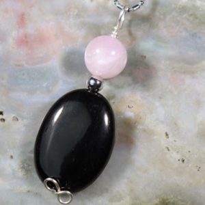 Shop Jet Necklaces! Jet Lignite and Pink Kunzite Healing Stone Necklace with Positive Healing Energy! | Natural genuine Jet necklaces. Buy crystal jewelry, handmade handcrafted artisan jewelry for women.  Unique handmade gift ideas. #jewelry #beadednecklaces #beadedjewelry #gift #shopping #handmadejewelry #fashion #style #product #necklaces #affiliate #ad