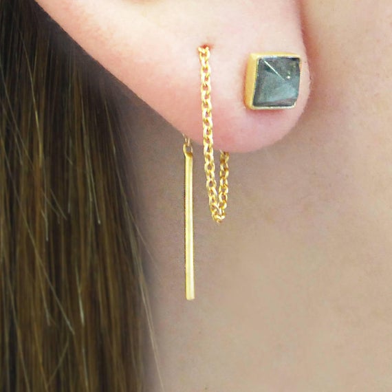 Labradorite Threader Earring Gemstone Chain Earrings Gold Long Earrings Geometric Threader Earrings Embers