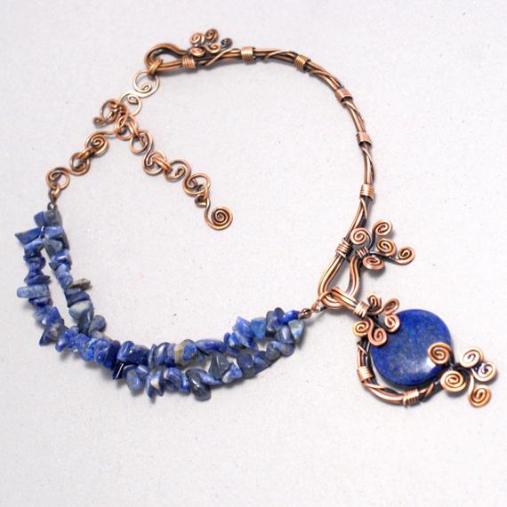Boho Copper Lapis Necklace, Lapis Lazuli Necklace, Lapis Lazuli Jewelry, Lapis Lazuli Choker, Copper Necklace Women, Gemstone Necklace